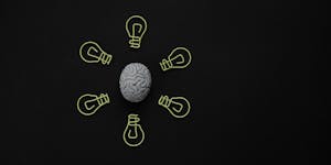 Conceptual photo of a brain surrounded by light bulb clips on black background.